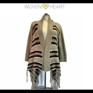 WOVEN heart tan Cardigan shawl frayed bottom